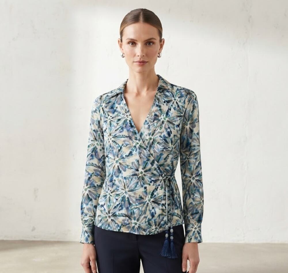Bailey 44 Blue/Green Abstract Floral Print Tie-Front Wrap Blouse Size XS